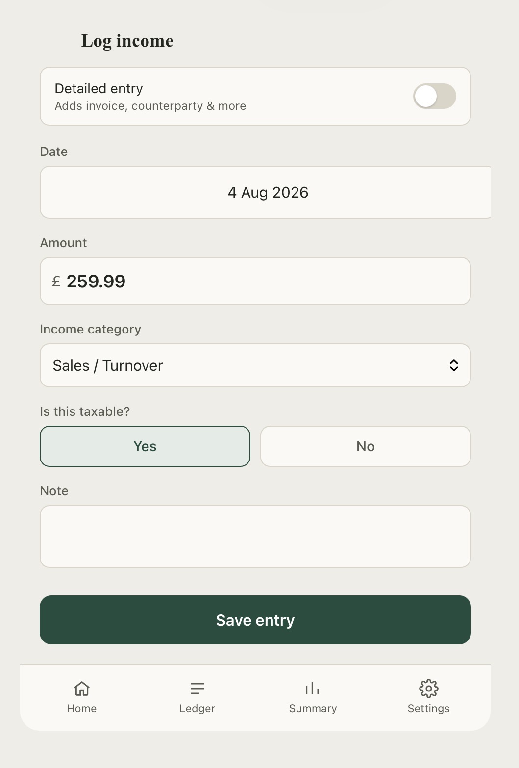 Logging a detailed income entry in Money Tracker, with date, amount, category, and taxable toggle