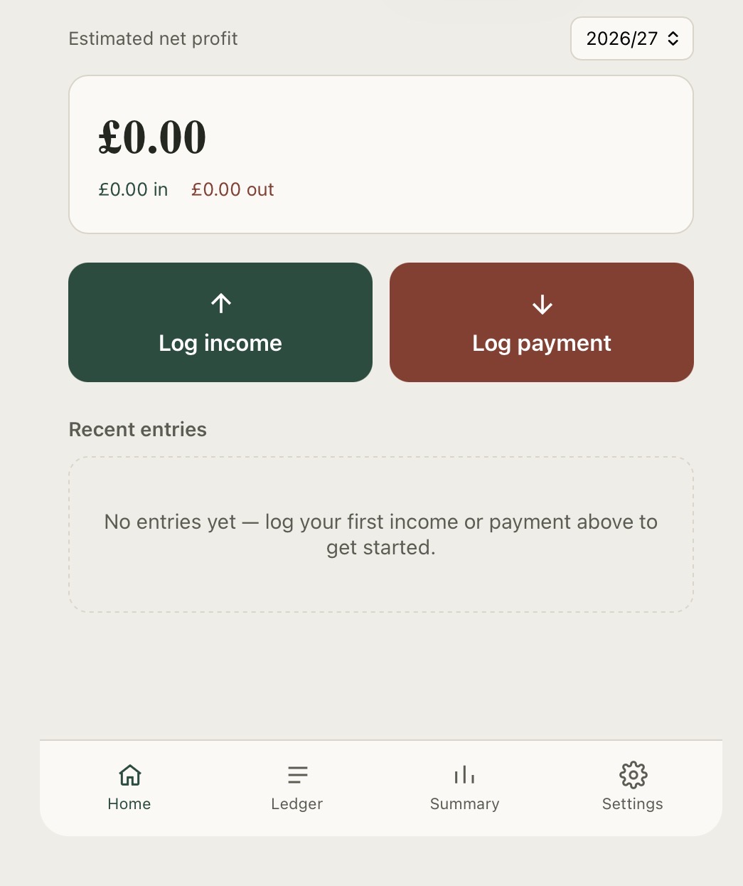 Money Tracker home screen showing estimated net profit and quick Log income / Log payment buttons