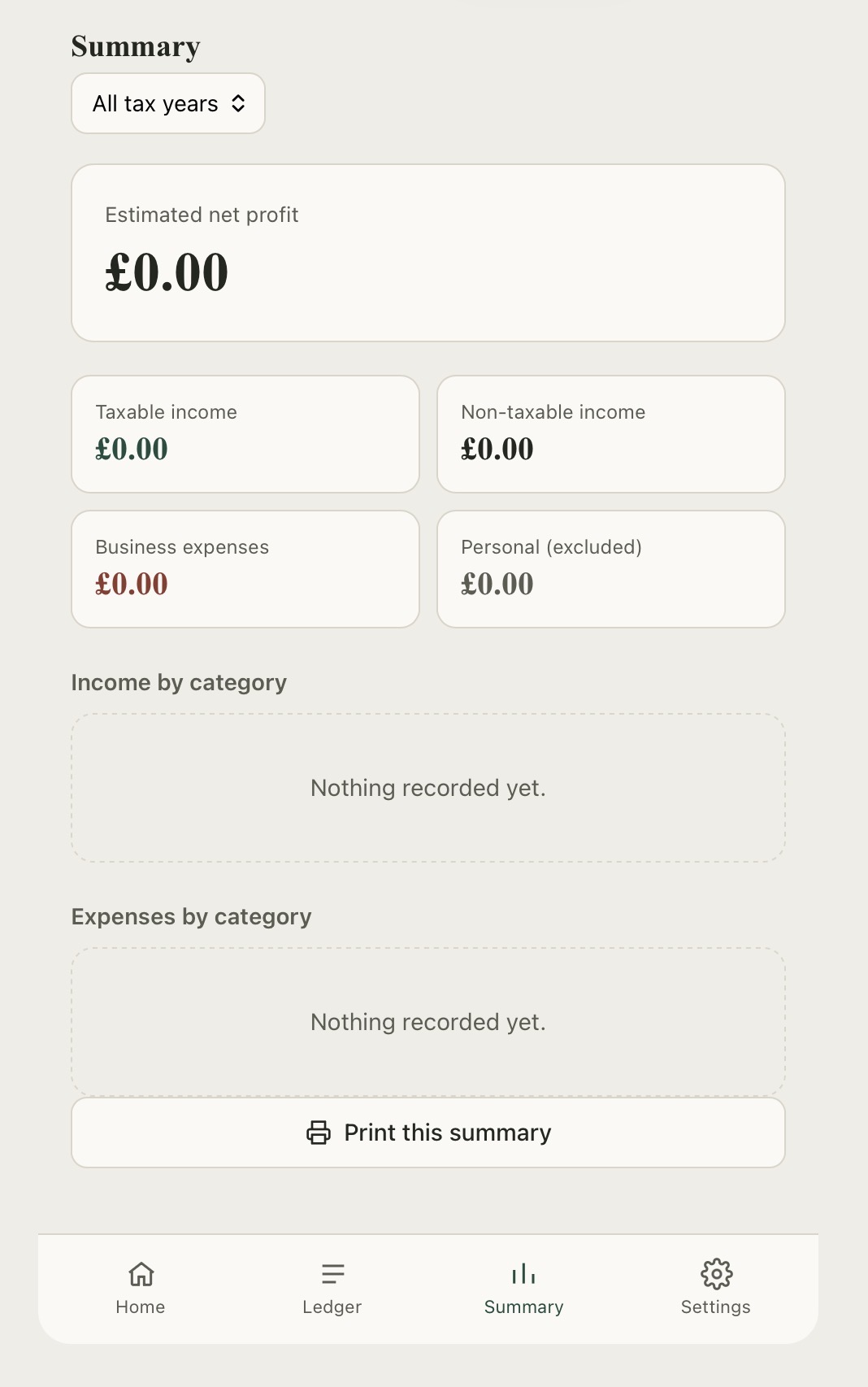 Money Tracker summary screen showing taxable income, expenses, and category breakdowns